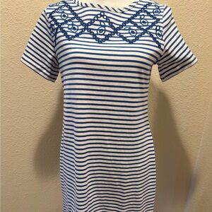 Joules Riviera Blue and White Cotton Tee Dress with Eyelet Detail